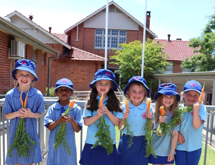 Students proudly holding carrots grown in the school vegetable garden.